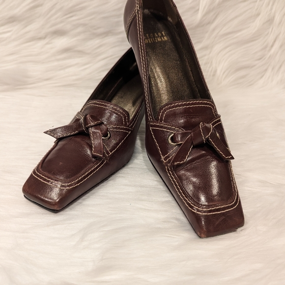 Vintage Stuart Weitzman Brown Loafer Pumps w/ Square Toe & Bow - Size 7M - Picture 1 of 13